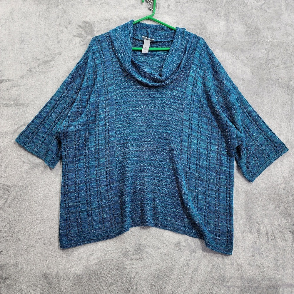 Catherines Sweater Womens 3X Blue Glitter Metallic Cowl Neck Dolman Open Knit